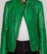 Women’s green lambskin leather jacket -asymmetrical zipper biker jacket