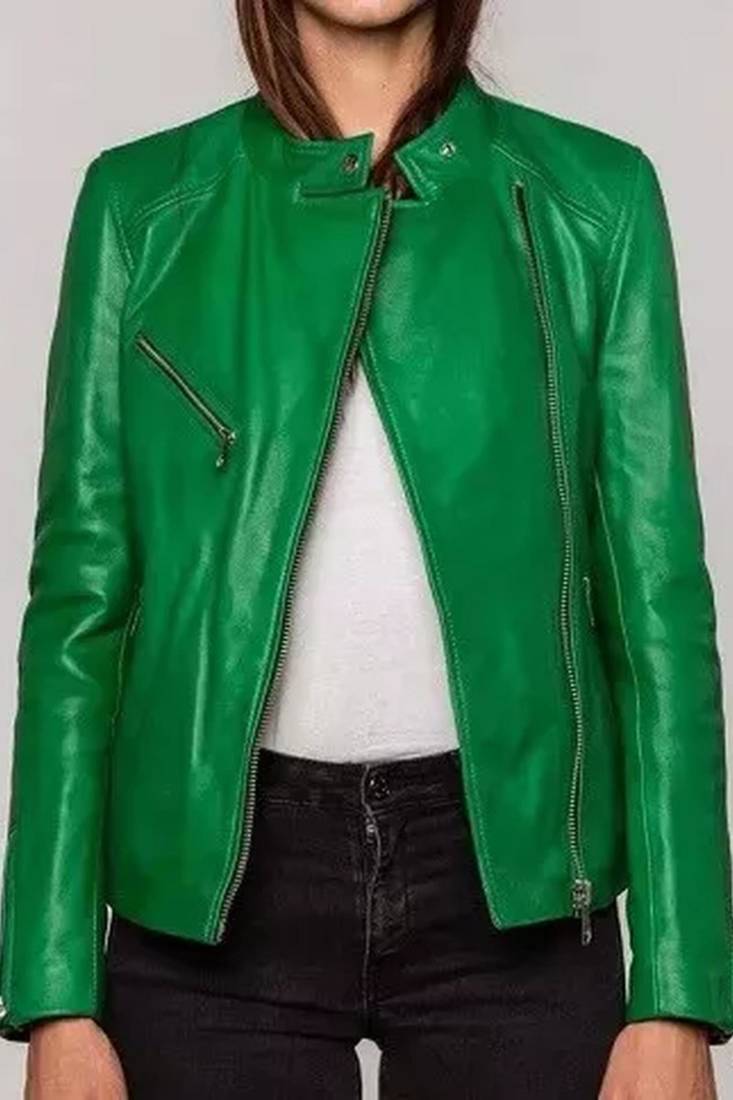 Women’s green lambskin leather jacket -asymmetrical zipper biker jacket