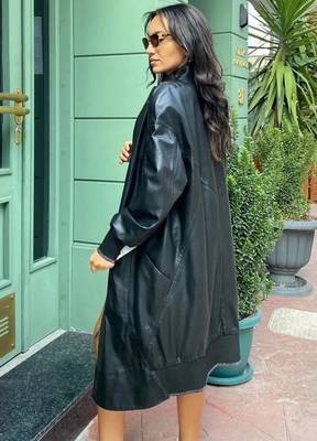 Women’s black tailored trench style leather coat  full sleeve 3