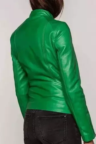 Women’s green lambskin leather jacket -asymmetrical zipper biker jacket