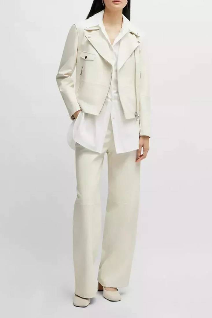Women’s white lambskin leather zipper jacket