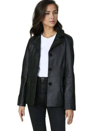 Women’s black button trench style leather coat  full sleeve