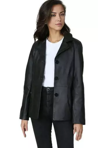 Women’s black button trench style leather coat  full sleeve