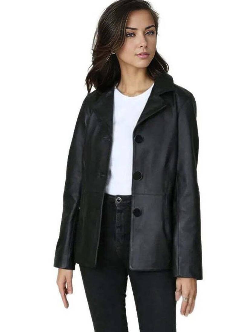 Women’s black button trench style leather coat  full sleeve