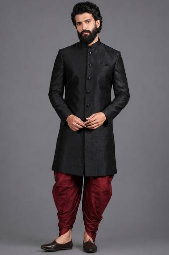 Black art silk sherwani set