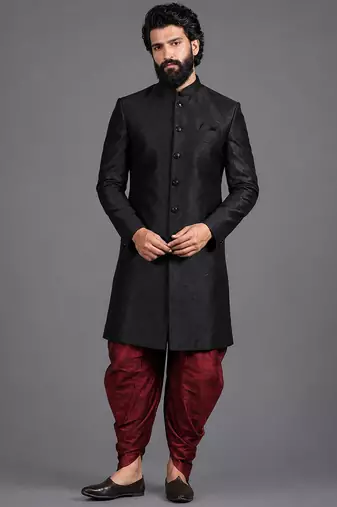 Black art silk sherwani set
