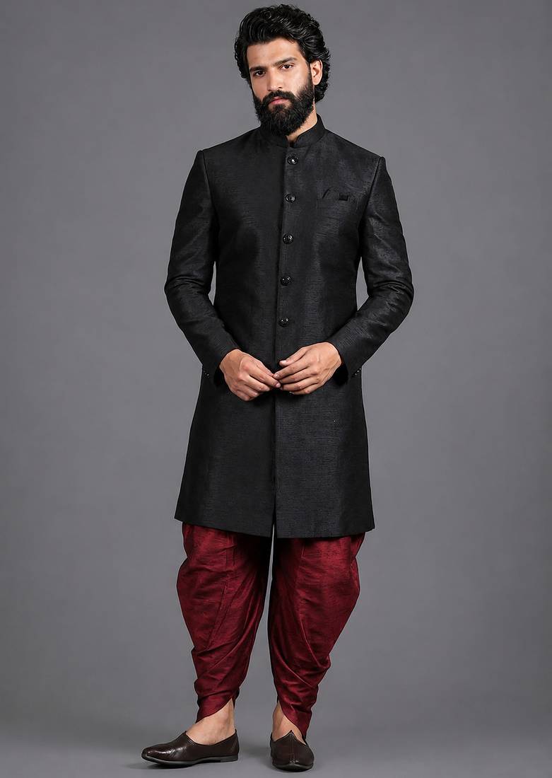 Black art silk sherwani set