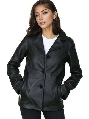 Women’s black button trench style leather coat  full sleeve 3