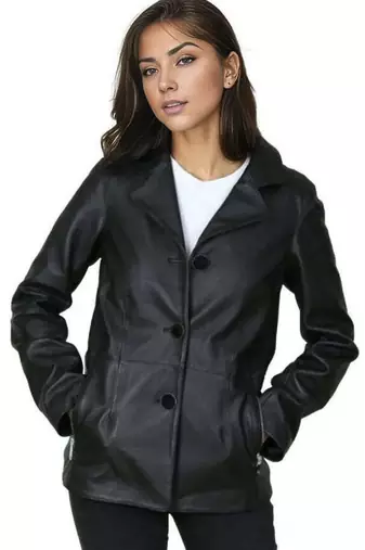 Women’s black button trench style leather coat  full sleeve