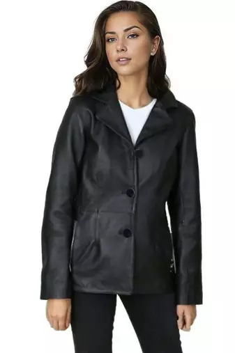 Women’s black button trench style leather coat  full sleeve