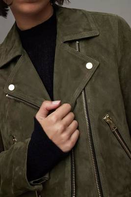 Women’s olive green suede leather jacket- multiple zipper detail 1