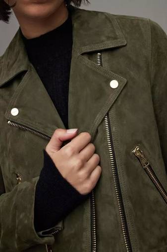 Women’s olive green suede leather jacket- multiple zipper detail