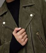 Women’s olive green suede leather jacket- multiple zipper detail