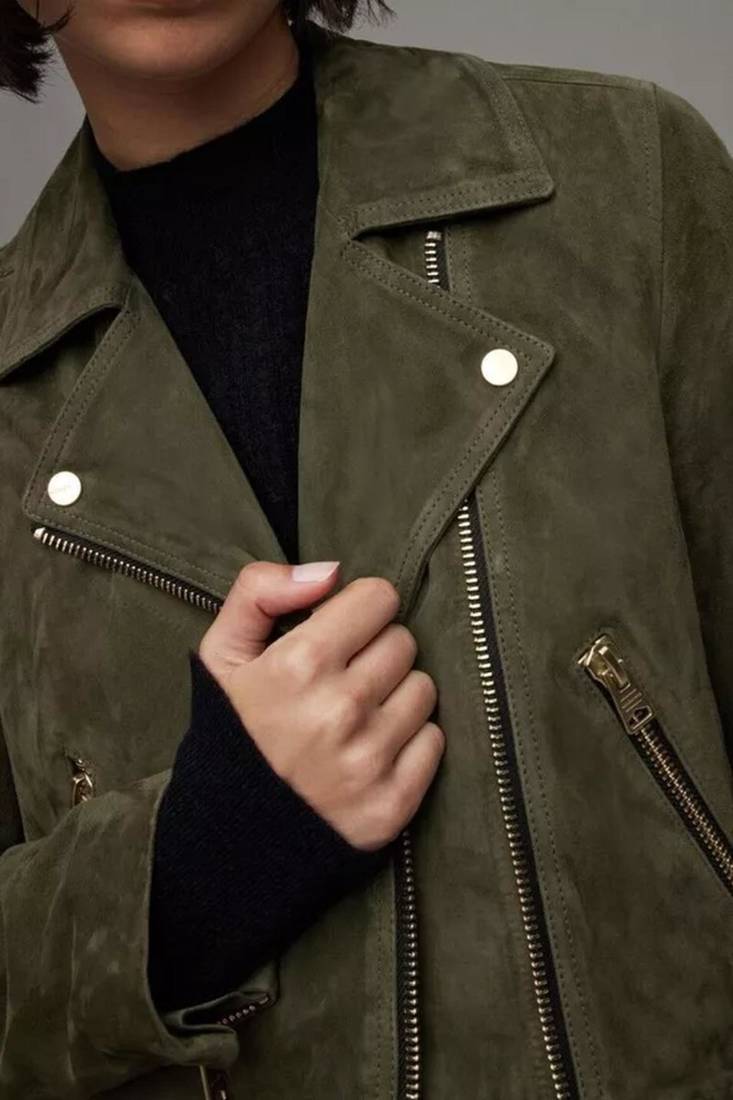 Women’s olive green suede leather jacket- multiple zipper detail
