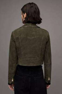 Women’s olive green suede leather jacket- multiple zipper detail 2