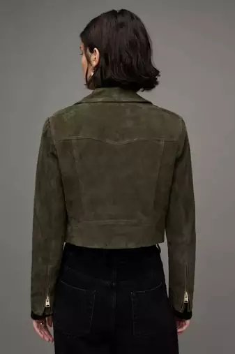 Women’s olive green suede leather jacket- multiple zipper detail