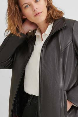 Women’s black trench style leather coat zip detail 2