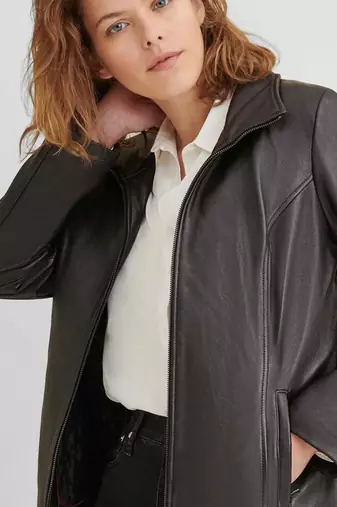 Women’s black trench style leather coat zip detail