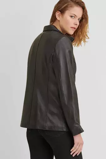 Women’s black trench style leather coat zip detail