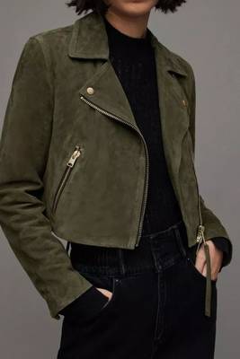 Women’s olive green suede leather jacket- multiple zipper detail 4