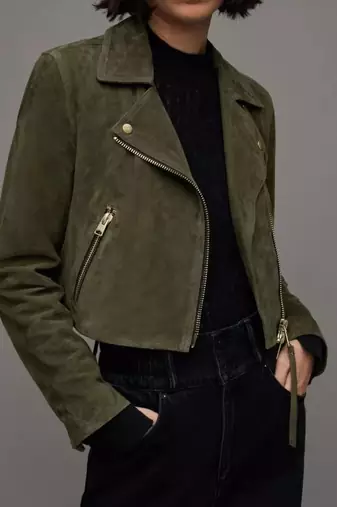 Women’s olive green suede leather jacket- multiple zipper detail