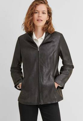 Women’s black trench style leather coat zip detail 1