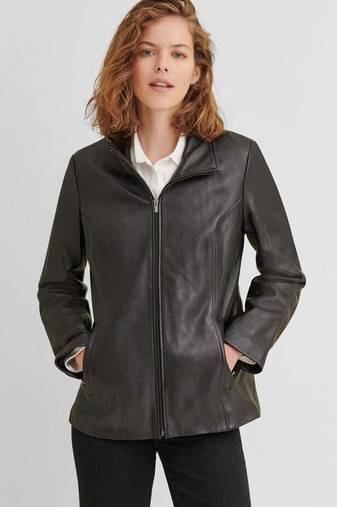 Women’s black trench style leather coat zip detail