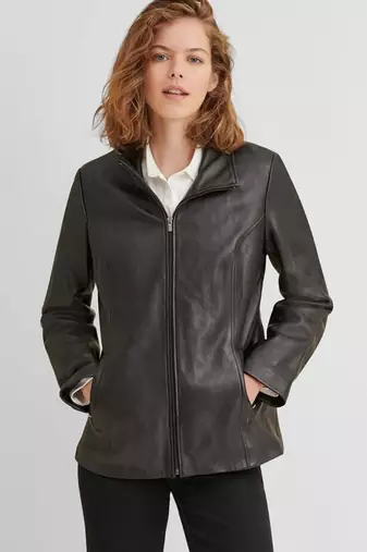 Women’s black trench style leather coat zip detail