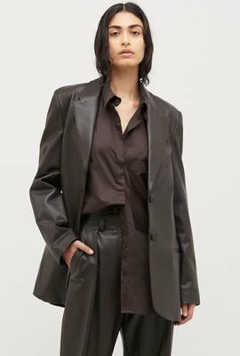Women’s black safari trench style leather coat 1