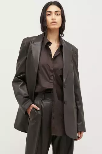 Women’s black safari trench style leather coat