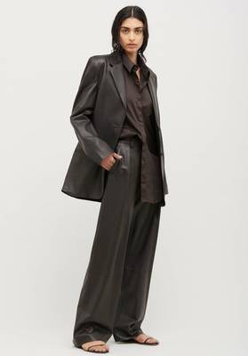 Women’s black safari trench style leather coat 2