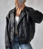 Women’s black lambskin leather jacket- bomber detail  biker stylish look