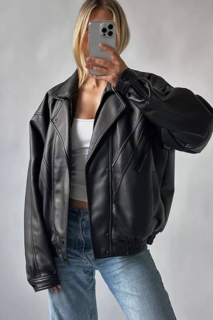 Women’s black lambskin leather jacket- bomber detail  biker stylish look