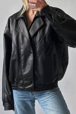 Women’s black lambskin leather jacket- bomber detail  biker stylish look 2