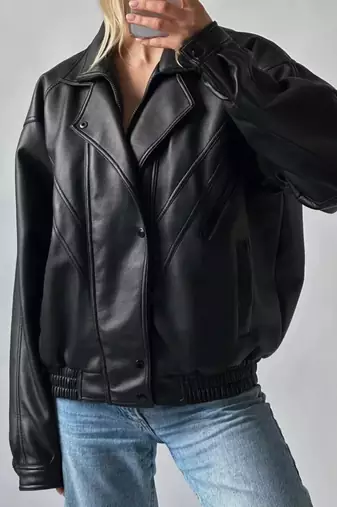 Women’s black lambskin leather jacket- bomber detail  biker stylish look