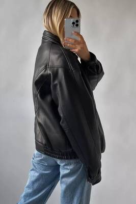 Women’s black lambskin leather jacket- bomber detail  biker stylish look 3