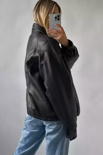 Women’s black lambskin leather jacket- bomber detail  biker stylish look