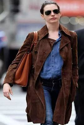 Women’s dark brown suede trench style leather coat 3