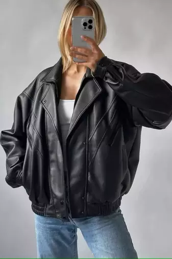 Women’s black lambskin leather jacket- bomber detail  biker stylish look