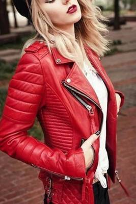 Women’s red lambskin leather jacket-slim fit quilted shoulder 2