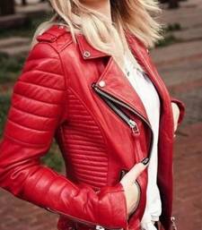 Women’s red lambskin leather jacket-slim fit quilted shoulder