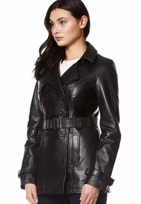 Women’s black belted full-length safari-inspired leather trench coat 1