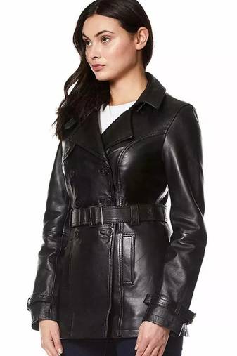 Women’s black belted full-length safari-inspired leather trench coat