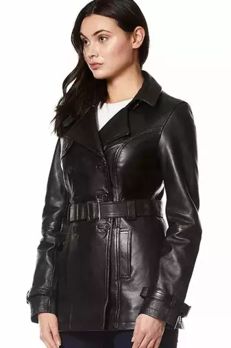 Women’s black belted full-length safari-inspired leather trench coat