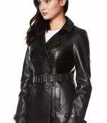 Women’s black belted full-length safari-inspired leather trench coat