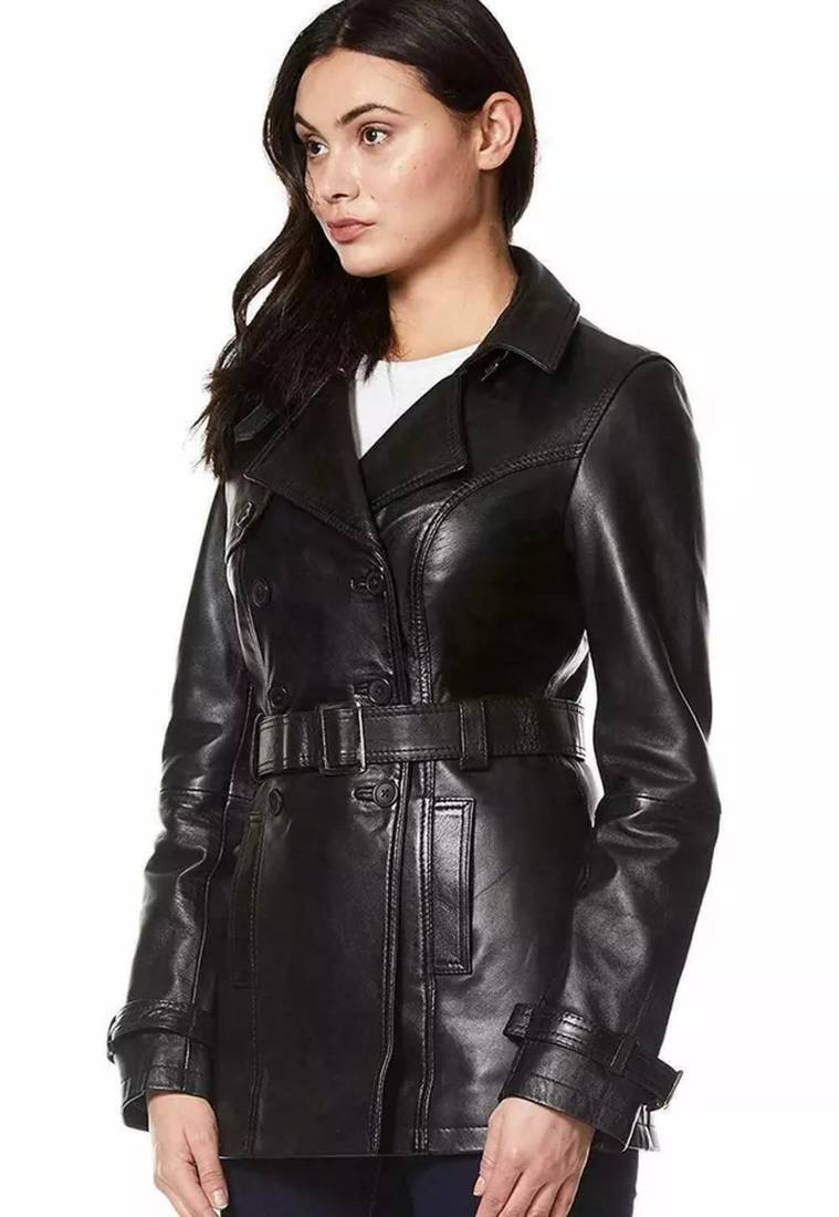 Women’s black belted full-length safari-inspired leather trench coat