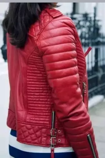 Women’s red lambskin leather jacket-slim fit quilted shoulder