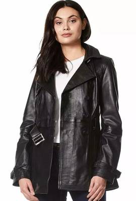 Women’s black belted full-length safari-inspired leather trench coat 2