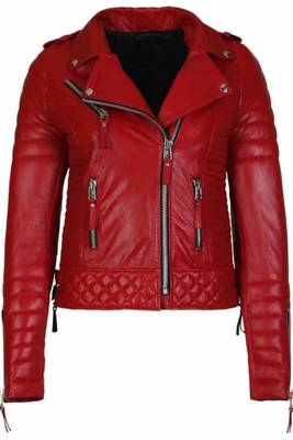 Women’s red lambskin leather jacket-slim fit quilted shoulder 1