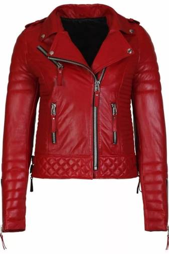 Women’s red lambskin leather jacket-slim fit quilted shoulder